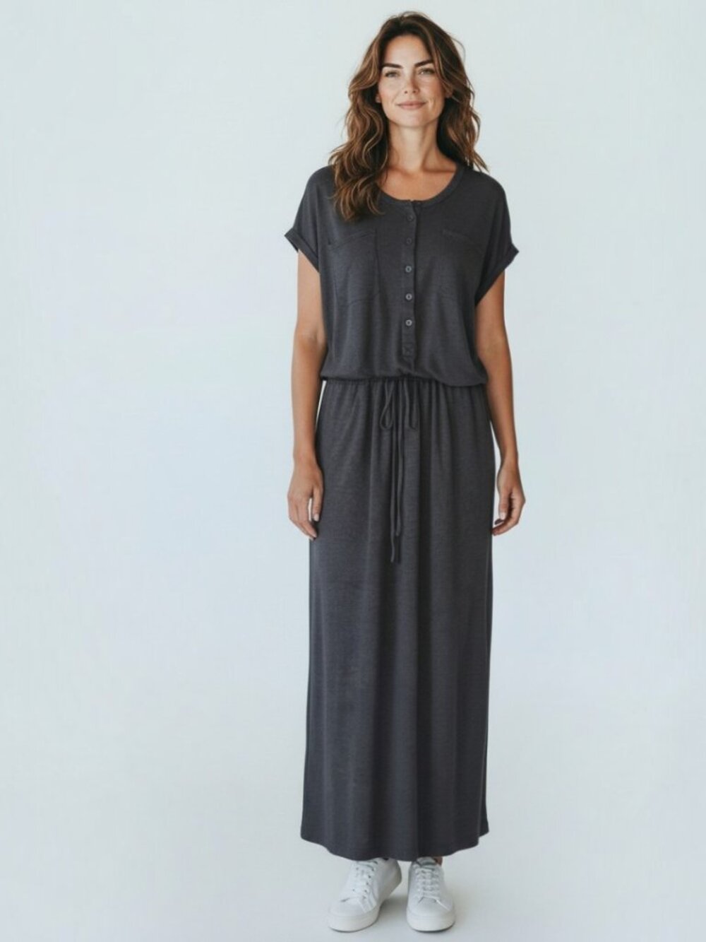 Vince Women's Linen Henley Drawstring Grey Maxi Dress Side Slit Sleeveless M EUC